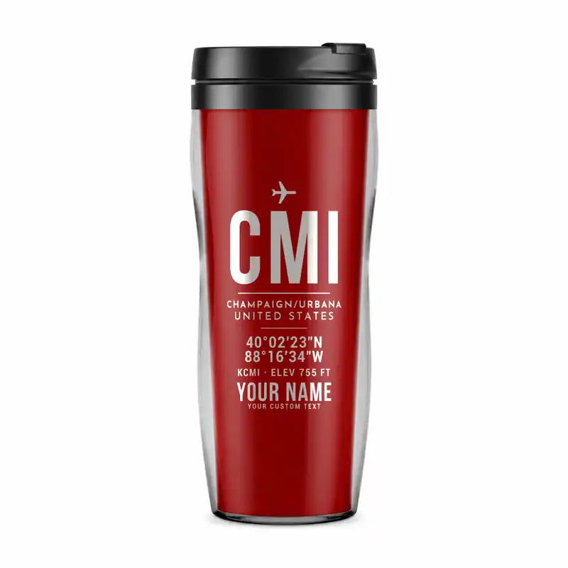 University of Illinois Willard Airport (CMI) Travel Mugs - ID Tag + Name - Plastic (No Holder) - Red