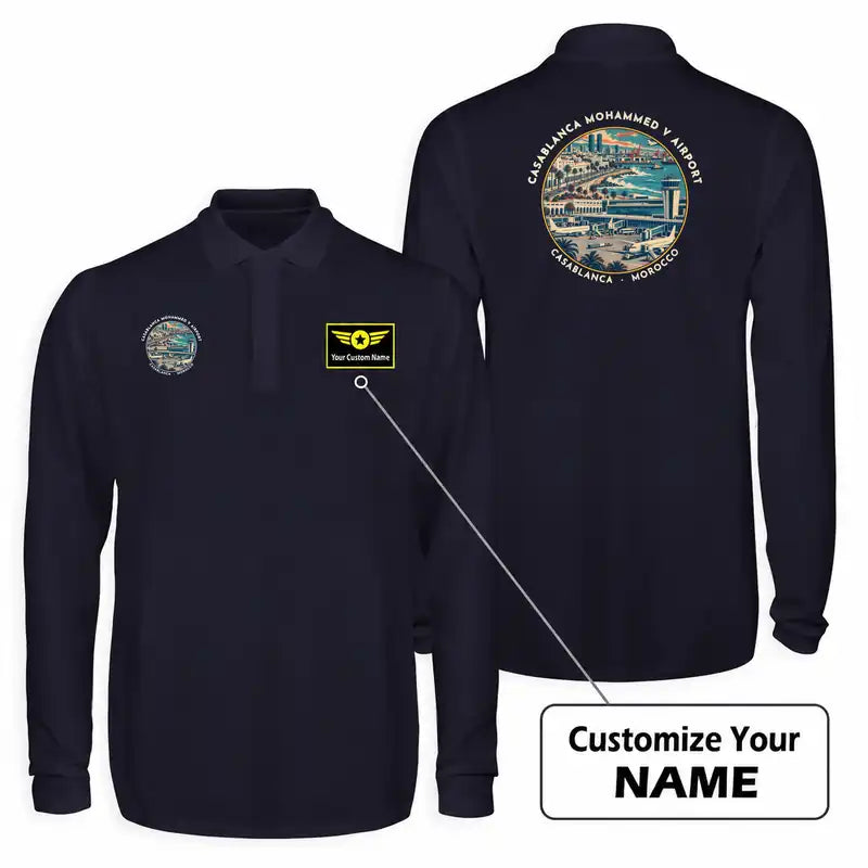 Casablanca Mohammed V International Airport (CMN) Premium Polo T-Shirts - Badge + Name - Long Sleeve - Dark Blue