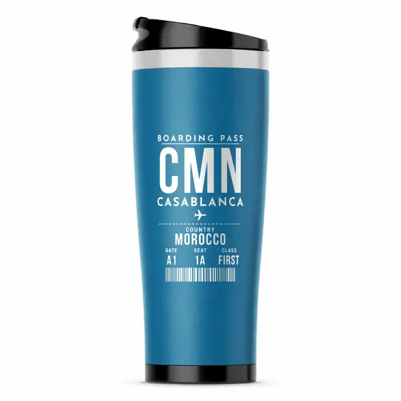 Casablanca Mohammed V International Airport (CMN) Travel Mugs - Boarding Pass - Stainless Steel (No Holder) - Light Blue