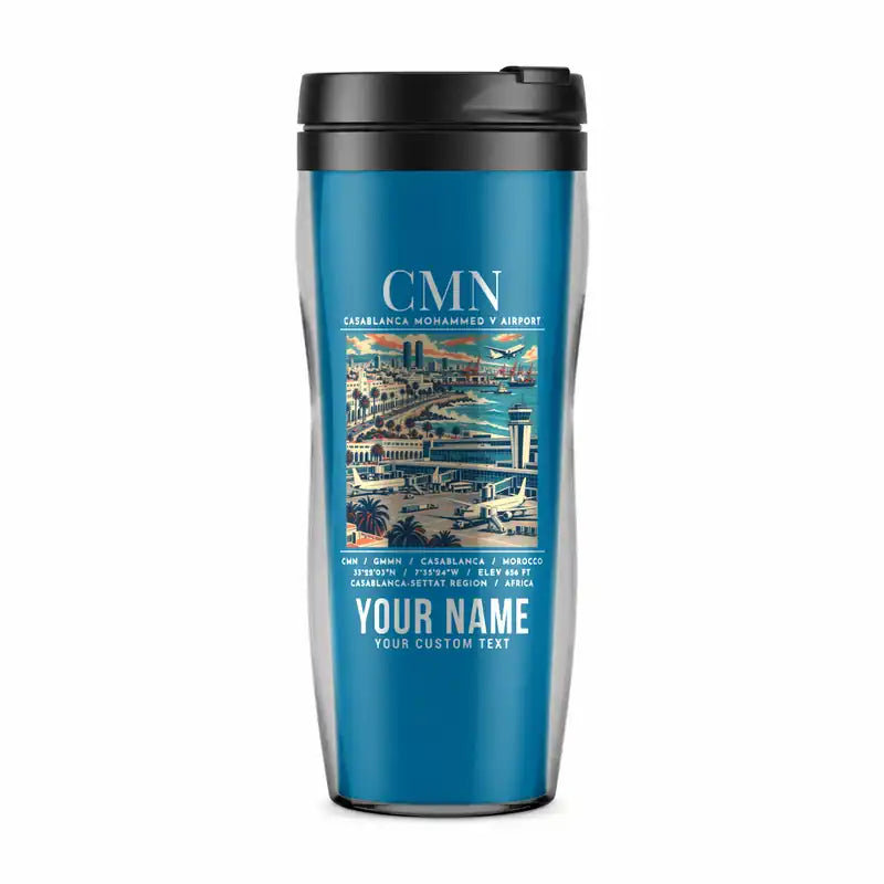 Casablanca Mohammed V International Airport (CMN) Travel Mugs - Poster + Name - Plastic (No Holder) - Light Blue