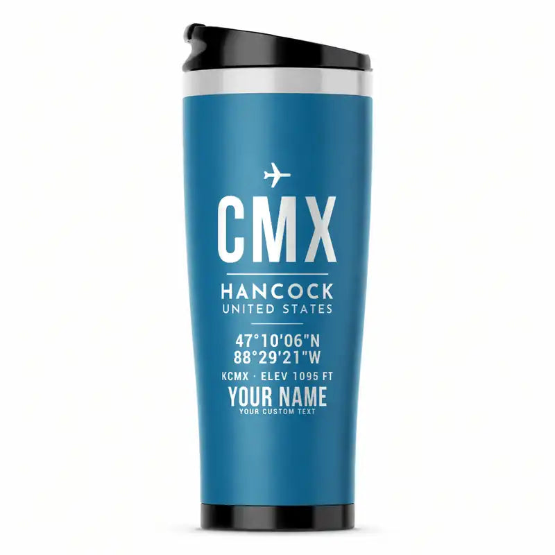 Houghton County Memorial Airport (CMX) Travel Mugs - ID Tag + Name - Stainless Steel (No Holder) - Light Blue