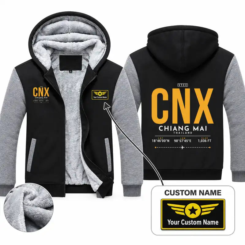 Chiang Mai International Airport (CNX) Zipped Sweatshirts - Tag + Name - Black & Gray