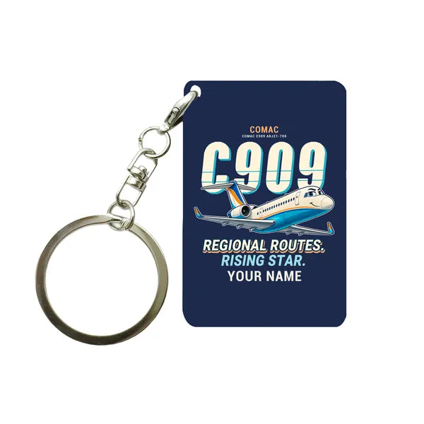 COMAC C909 ARJ21-700 - Cartoon + Name - Key Chain - Navy Blue