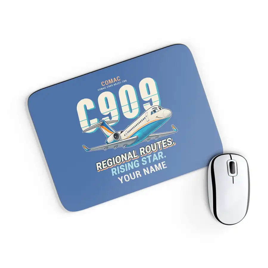 COMAC C909 ARJ21-700 - Cartoon + Name - Mouse Pad - Blue