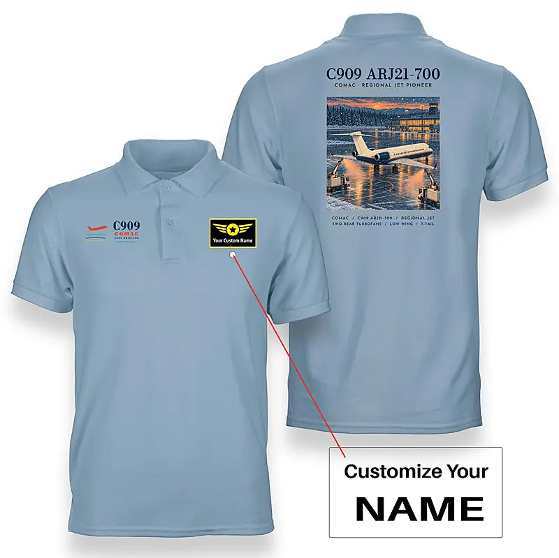 COMAC C909 ARJ21-700 - Poster - Double-Side Polo - Light Blue + Name