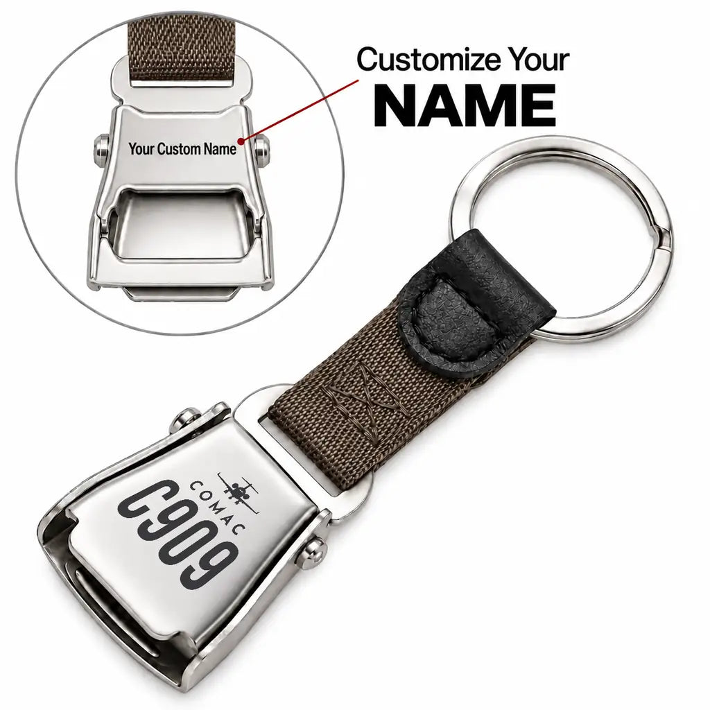 COMAC C909 ARJ21-700 - Seat Belt Key Chain - Heritage + Name - Brown