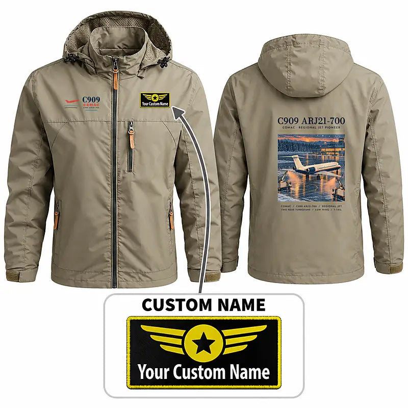 COMAC C909 ARJ21-700 Stylish Jackets - Hooded Windbreaker - Poster + Name - Khaki