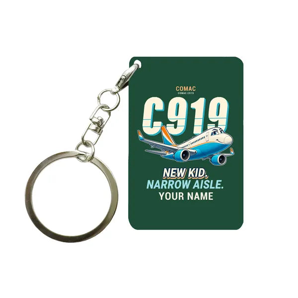 COMAC C919 - Cartoon + Name - Key Chain - Dark Green