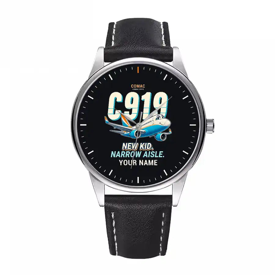 COMAC C919 - Cartoon + Name - Leather Strap - Black Leather Strap