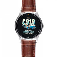 Thumbnail for COMAC C919 - Cartoon + Name - Leather Strap - Striped Brown Leather Strap