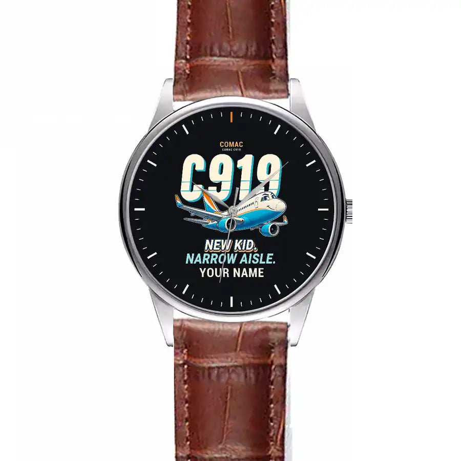 COMAC C919 - Cartoon + Name - Leather Strap - Striped Brown Leather Strap