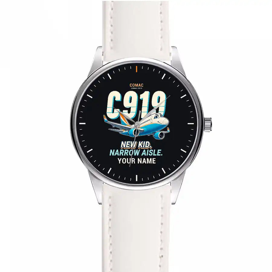 COMAC C919 - Cartoon + Name - Leather Strap - White Leather Strap
