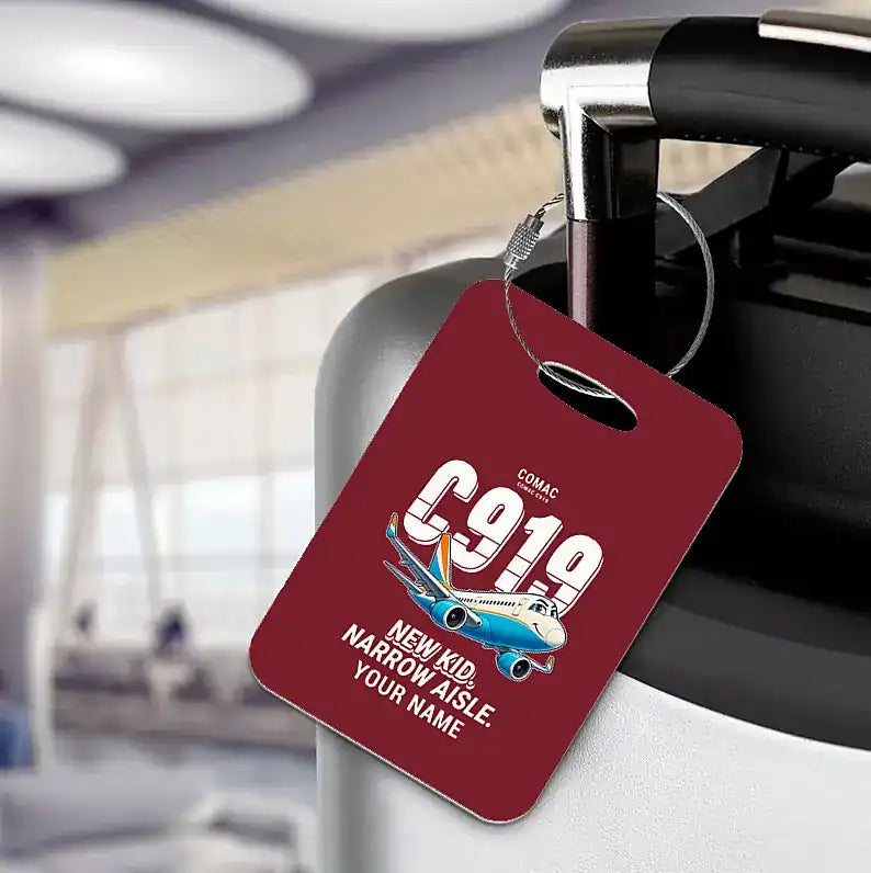 COMAC C919 - Cartoon + Name - Luggage Tag - Dark Red