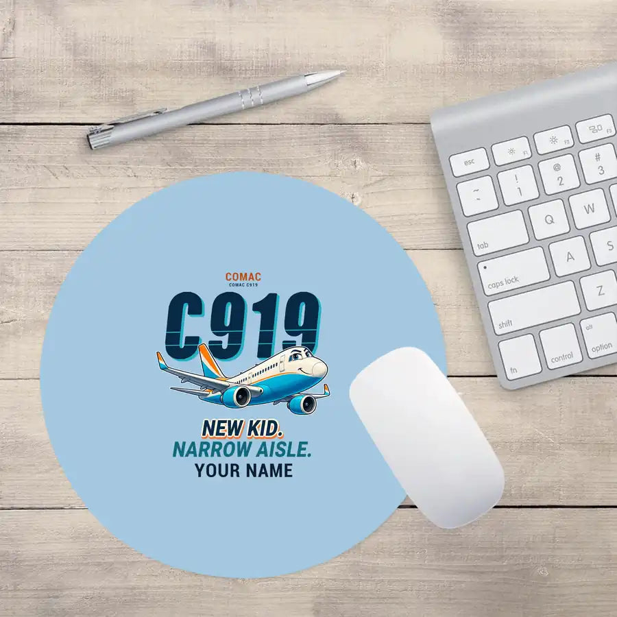 COMAC C919 - Cartoon + Name - Round Mouse Pad - Light Blue