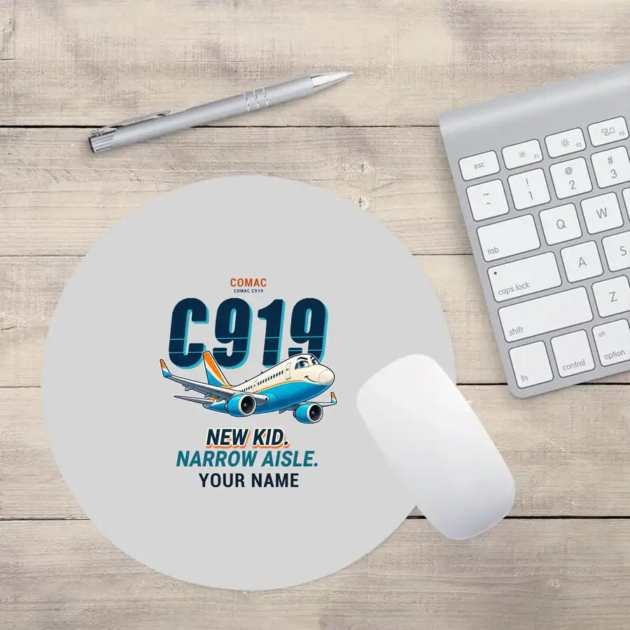 COMAC C919 - Cartoon + Name - Round Mouse Pad - Light Gray