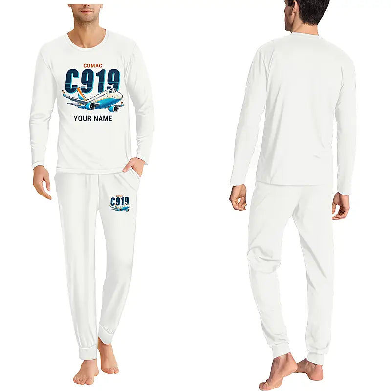 COMAC C919 - Men Pajamas - Cartoon Chest + Name - White