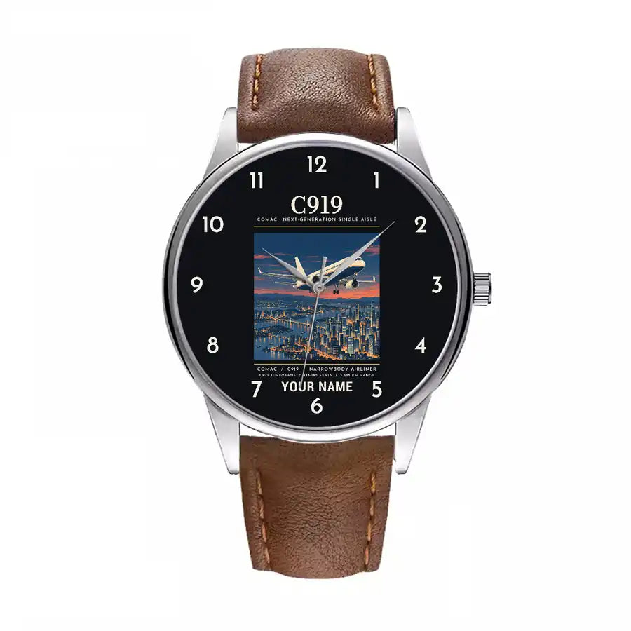 COMAC C919 - Poster + Name - Leather Strap - Brown Leather Strap