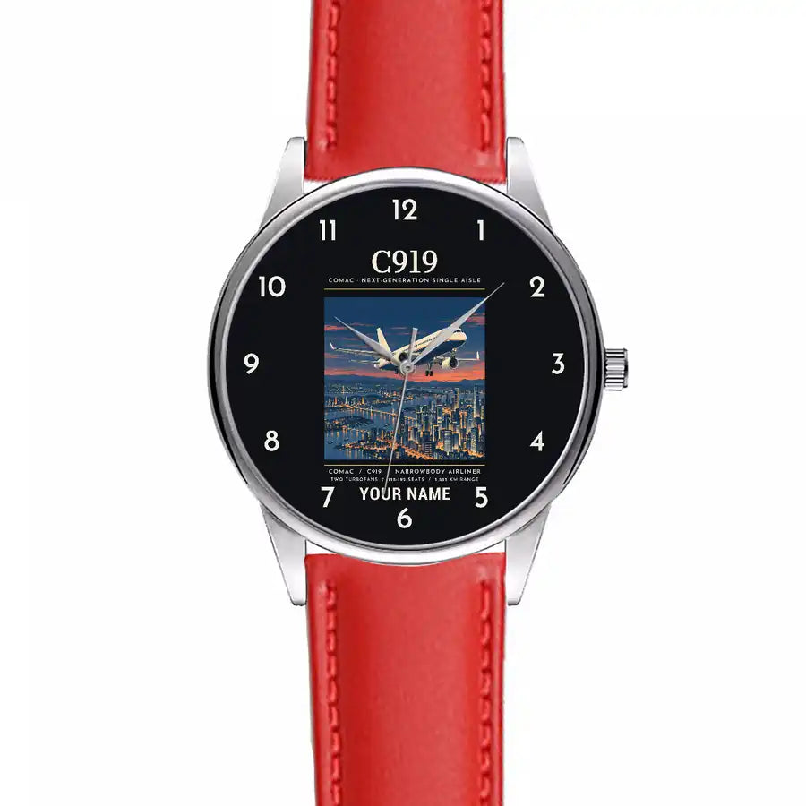 COMAC C919 - Poster + Name - Leather Strap - Red Leather Strap