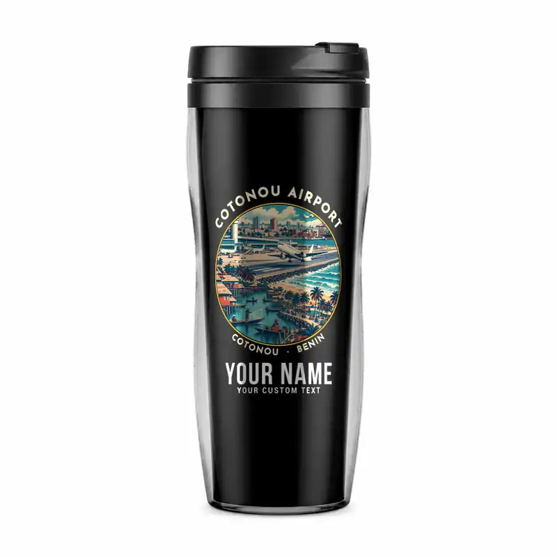 Cadjehoun Airport (COO) Travel Mugs - Badge + Name - Plastic (No Holder) - Black