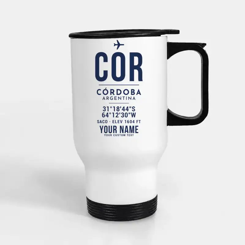 Córdoba Ambrosio Taravella International Airport (COR) Travel Mugs - ID Tag + Name - Stainless Steel with Holder - White