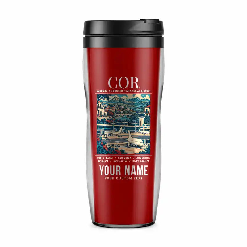 Córdoba Ambrosio Taravella International Airport (COR) Travel Mugs - Poster + Name - Plastic (No Holder) - Red