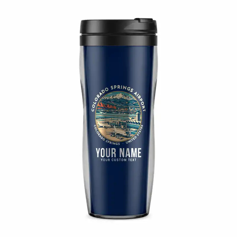 Colorado Springs Airport (COS) Travel Mugs - Badge + Name - Plastic (No Holder) - Dark Blue