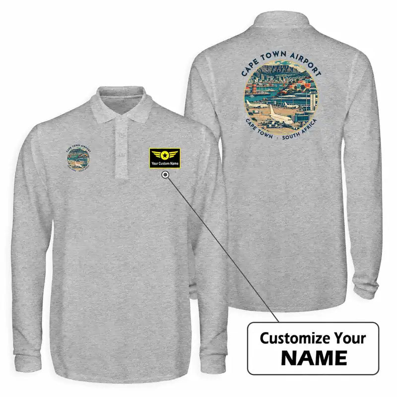 Cape Town International Airport (CPT) Premium Polo T-Shirts - Badge + Name - Long Sleeve - Gray