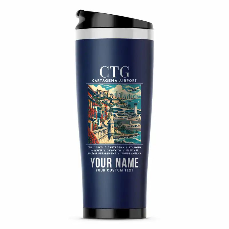 Rafael Nunez International Airport (CTG) Travel Mugs - Poster + Name - Stainless Steel (No Holder) - Dark Blue