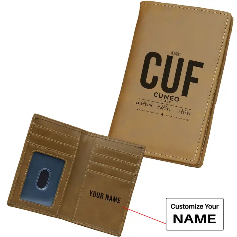 Cuneo International Airport (CUF) Leather Wallets - Card Holder Wallet - Light - Tag + Name