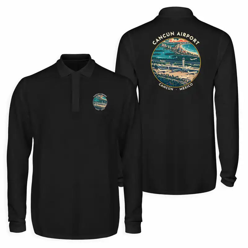 Cancún International Airport (CUN) Premium Polo T-Shirts - Badge - Long Sleeve - Black