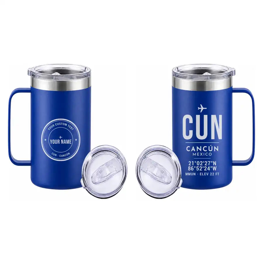 Cancún International Airport (CUN) Stainless Steel Mugs - ID Tag + Custom Back - Stainless Steel Mug - 24 oz / 700ML - Blue
