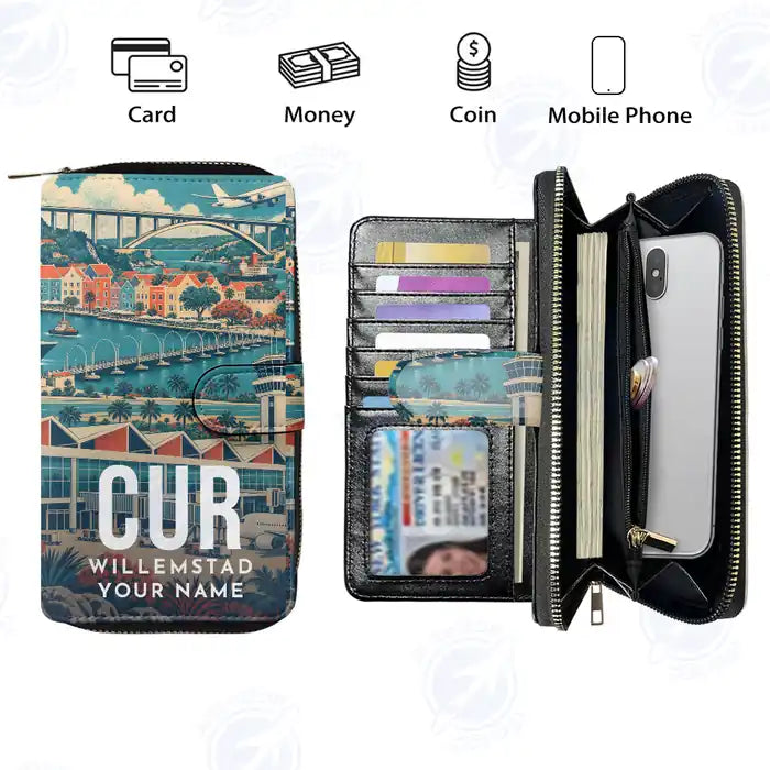 Curaçao International Airport (CUR) Leather Wallets - Zip Long Wallet - Scene + Name