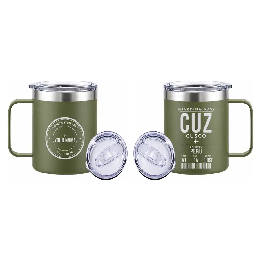 Alejandro Velasco Astete International Airport (CUZ) Stainless Steel Mugs - Boarding Pass + Custom Back - Stainless Steel Mug - 14 oz / 400ML - Green