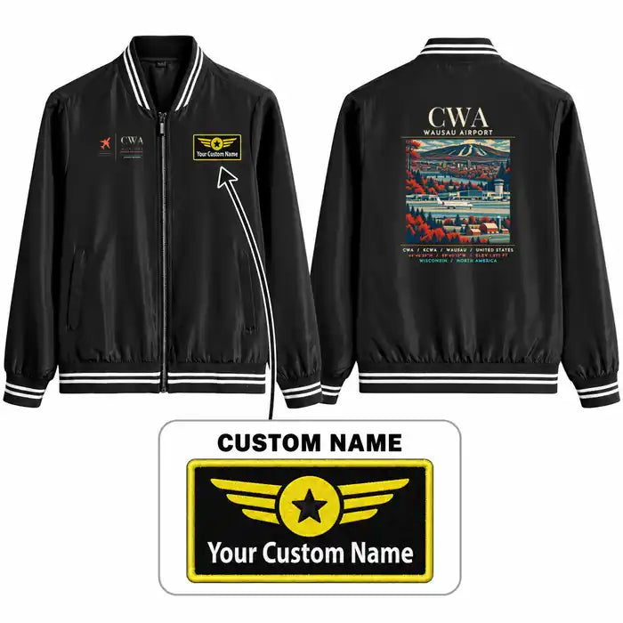 Central Wisconsin Airport (CWA) Stylish Jackets - Baseball Collar - Poster + Name - Black
