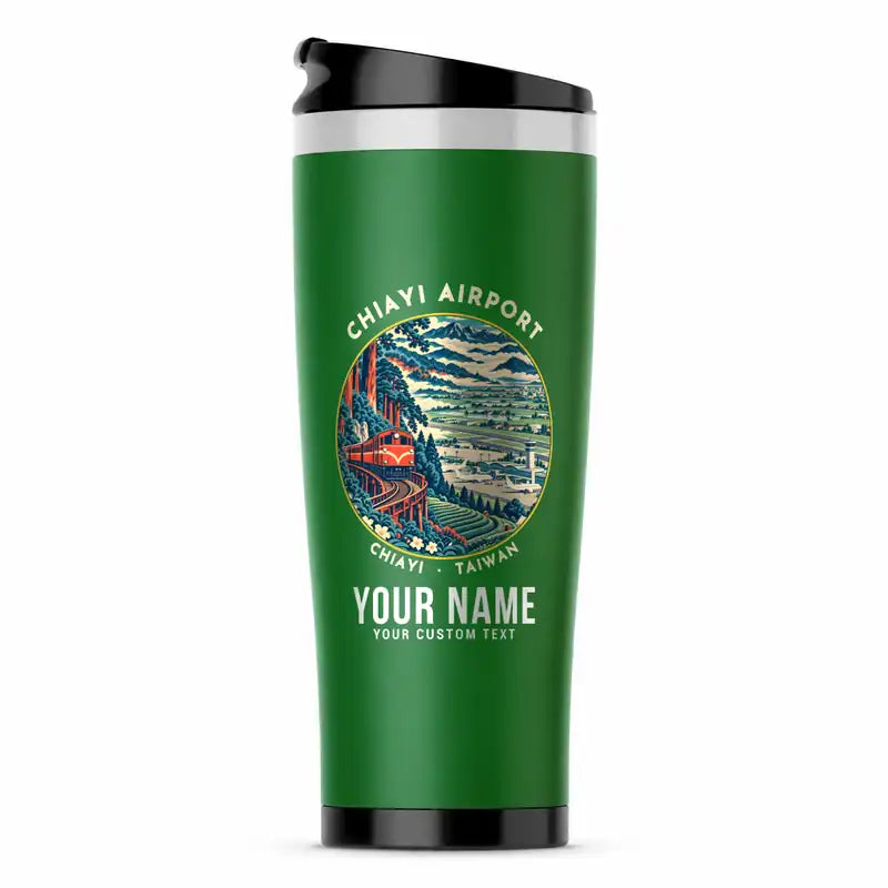 Chiayi Airport (CYI) Travel Mugs - Badge + Name - Stainless Steel (No Holder) - Green