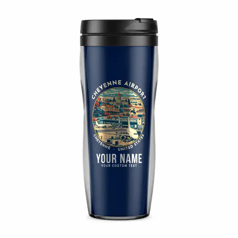 Cheyenne Regional Airport (CYS) Travel Mugs - Badge + Name - Plastic (No Holder) - Dark Blue