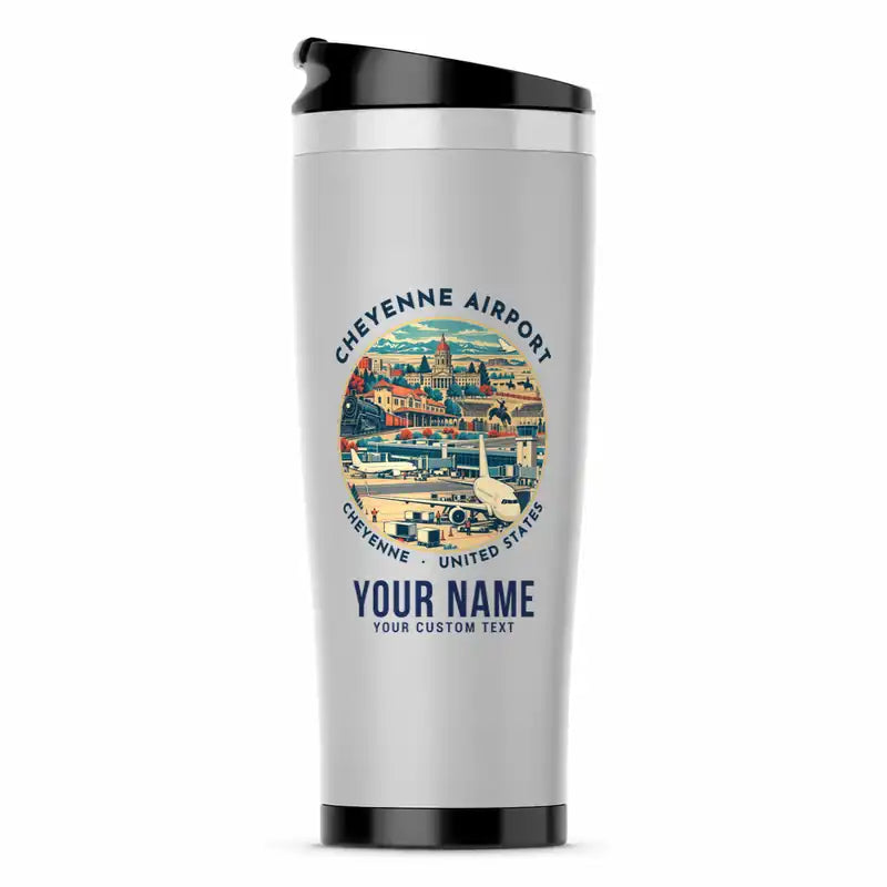 Cheyenne Regional Airport (CYS) Travel Mugs - Badge + Name - Stainless Steel (No Holder) - Light Gray