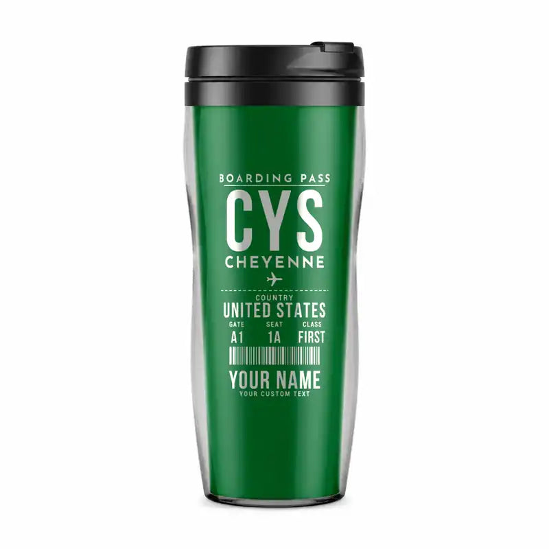 Cheyenne Regional Airport (CYS) Travel Mugs - Boarding Pass + Name - Plastic (No Holder) - Green