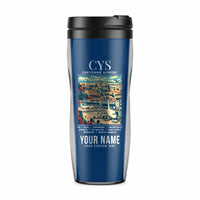 Thumbnail for Cheyenne Regional Airport (CYS) Travel Mugs - Poster + Name - Plastic (No Holder) - Blue