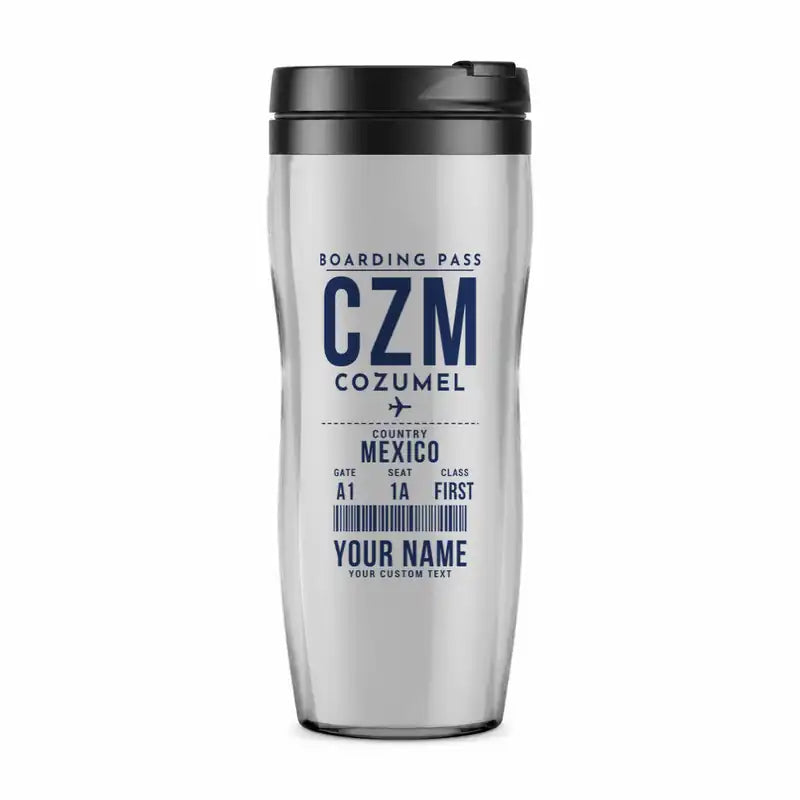 Cozumel International Airport (CZM) Travel Mugs - Boarding Pass + Name - Plastic (No Holder) - Light Gray