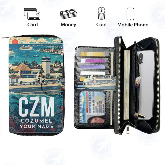 Cozumel International Airport (CZM) Leather Wallets - Zip Long Wallet - Scene + Name