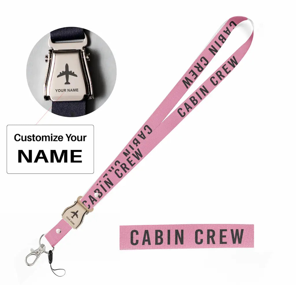 Cabin Crew Text seat belt lanyard - pink with name