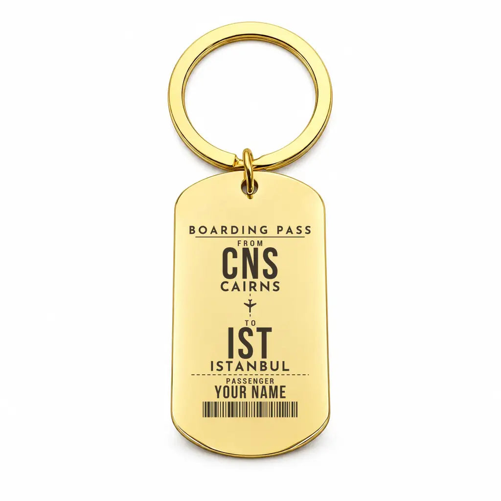 Cairns Airport CNS - Reef-to-Rainforest Current - Key Chain - Customizable Boarding Pass - Gold