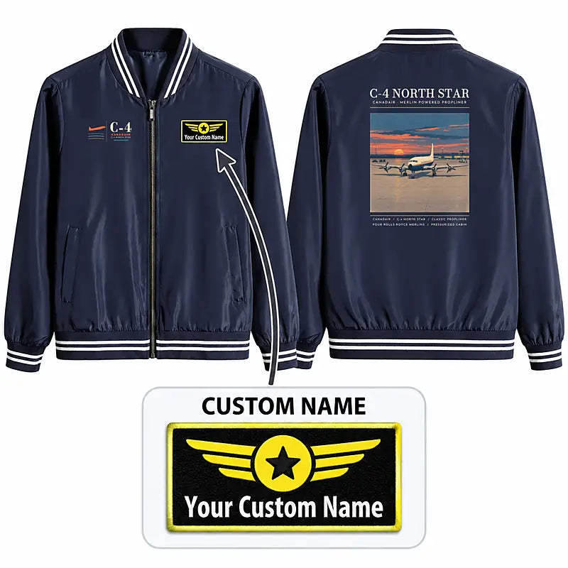 Canadair C-4 Argonaut North Star Stylish Jackets - Baseball Collar - Poster + Name - Navy Blue