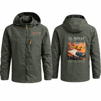Thumbnail for Canadair CL-415EAF Stylish Jackets - Hooded Windbreaker - Poster - Olive Green