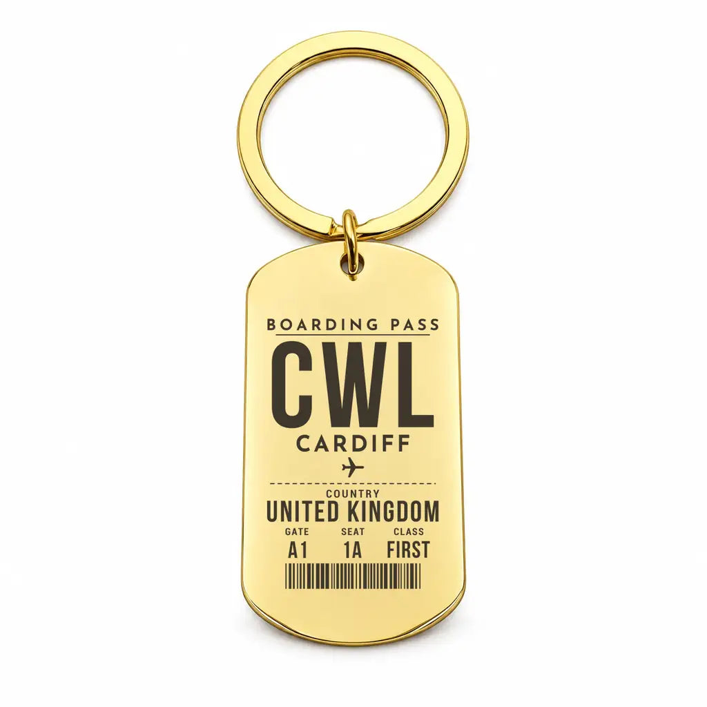 Cardiff Airport CWL - Key Chain - Boarding Pass Style - Gold