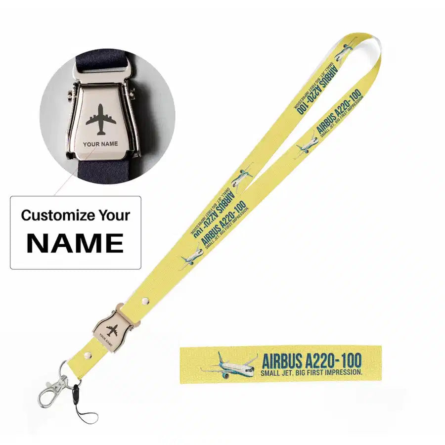 Cartoon Airbus A220-100 seat belt lanyard - yellow with name