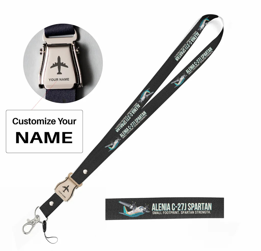 Cartoon Alenia C-27J Spartan seat belt lanyard - black with name