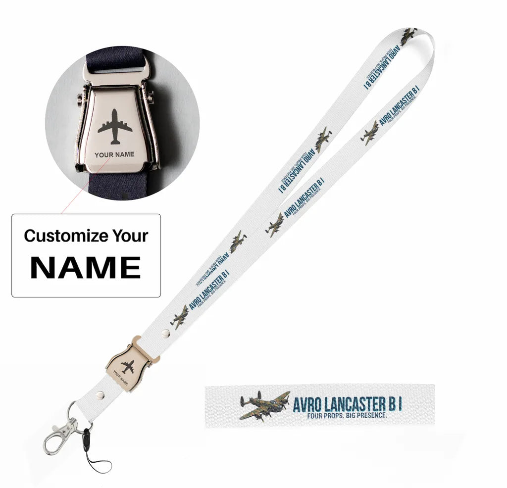 Cartoon Avro Lancaster B I seat belt lanyard - white with name