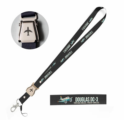 Cartoon Douglas DC-3 seat belt lanyard - black